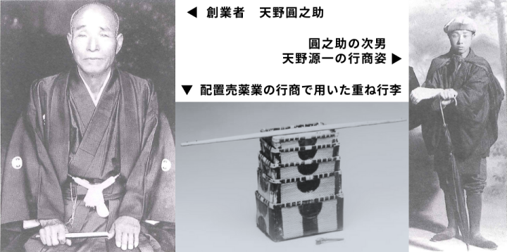 創業者とその父、行商で用いた行李